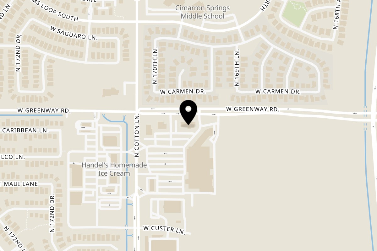 Map showing the location of Jim's Burgers & Eggs on 17019 W Greenway Rd in Surprise